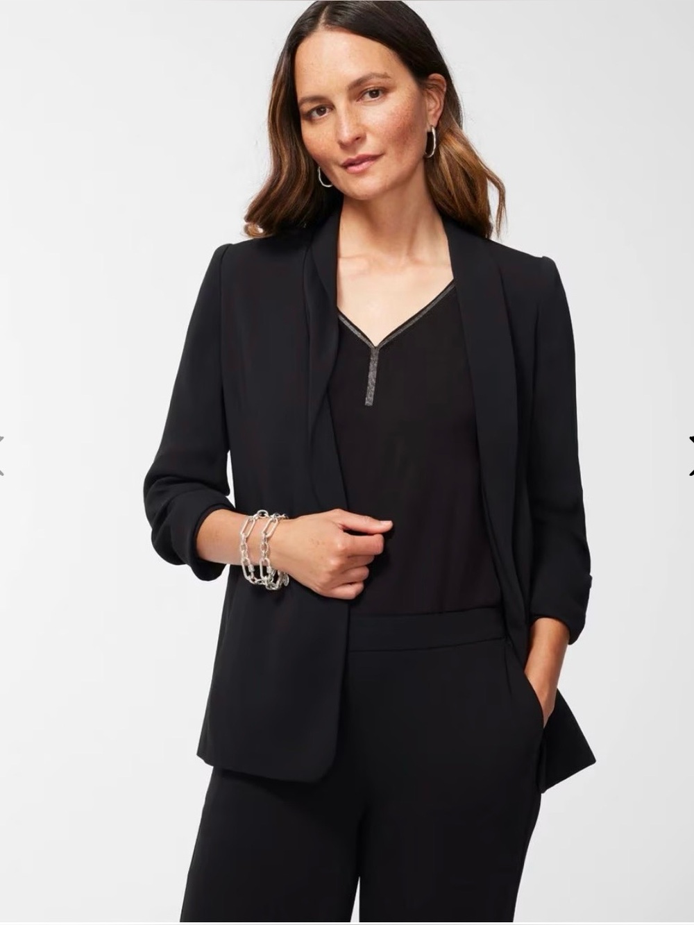 Chico’s Black Ruched Sleeve- Women's Blazer Jacket, shawl collar, pockets.